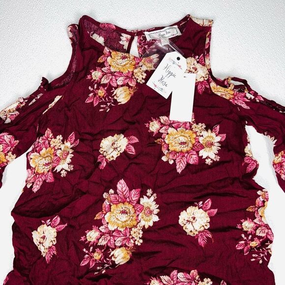 Hippie Rose Womens Floral Print Cold Shoulder Blouse Burgundy XS NWT - Picture 5 of 11